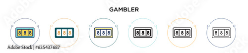 Gambler icon in filled, thin line, outline and stroke style. Vector illustration of two colored and black gambler vector icons designs can be used for mobile, ui, web