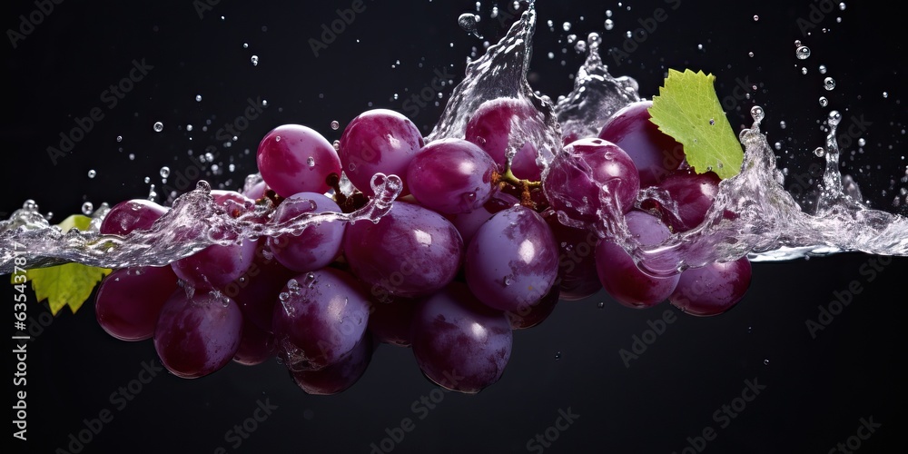 Flying fresh purple grapes touching water splash on black background Flying fresh purple grapes touching water splash on black background