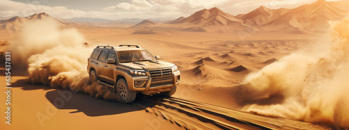 4x4 off-road SUV driving fast in the desert bashing sand dunes. Generative AI © Denniro