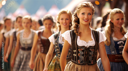 Group of beautiful girls, locals dressed in traditional Bavarian fluffy skirt, blouse, corset and lacing at Oktoberfest. Banner. Generative Ai content.