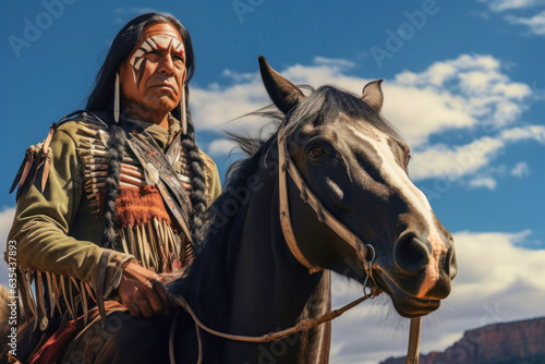 Portrait of adult serious indigenous man with paintings on face on horseback © Goffkein
