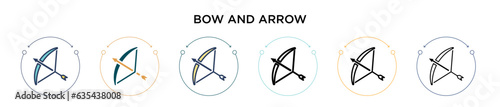 Bow and arrow icon in filled, thin line, outline and stroke style. Vector illustration of two colored and black bow and arrow vector icons designs can be used for mobile, ui, web