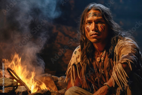 Serious indigenous man from the Amazon with ritual paintings on face sitting by the fire