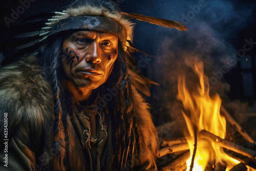 Adult serious indigenous man from the Amazon with ritual paintings on face and wearing headdresses feathers sitting by the fire