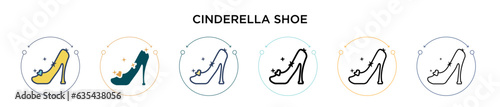 Cinderella shoe icon in filled, thin line, outline and stroke style. Vector illustration of two colored and black cinderella shoe vector icons designs can be used for mobile, ui, web
