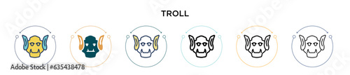 Troll icon in filled, thin line, outline and stroke style. Vector illustration of two colored and black troll vector icons designs can be used for mobile, ui, web