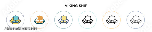 Viking ship icon in filled, thin line, outline and stroke style. Vector illustration of two colored and black viking ship vector icons designs can be used for mobile, ui, web