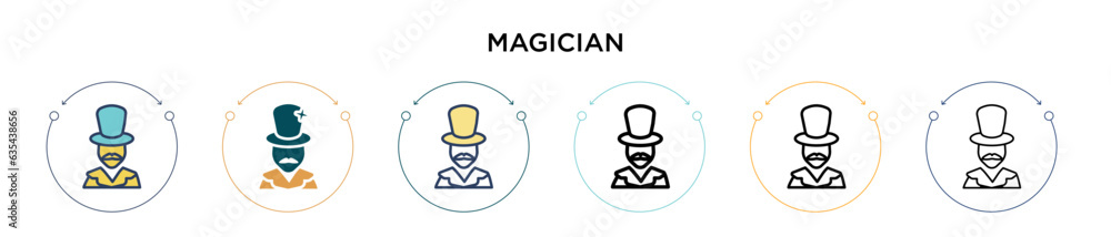 Magician icon in filled, thin line, outline and stroke style. Vector illustration of two colored and black magician vector icons designs can be used for mobile, ui, web