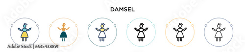 Damsel icon in filled, thin line, outline and stroke style. Vector illustration of two colored and black damsel vector icons designs can be used for mobile, ui, web