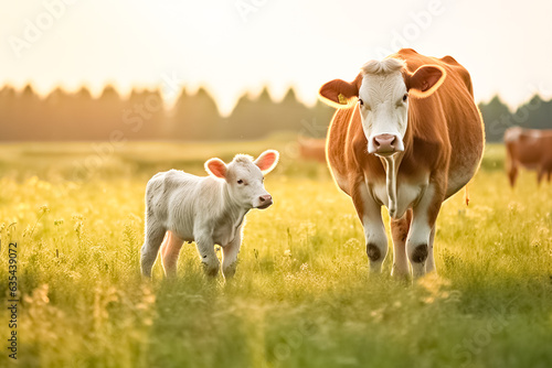 Wallpaper Mural Mother cow and newborn lying down inside cattle farm. Domestic animals husbandry and reproduction. Torontodigital.ca