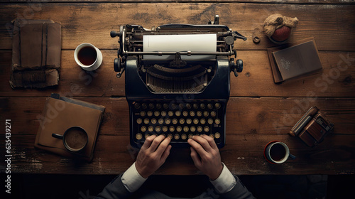 hands on old fashioned typewriter, on an antique wooden table