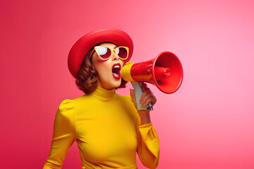 Hurry up. Stylish brunette woman screaming in loudspeaker, announces about final sales and discounts day, black friday