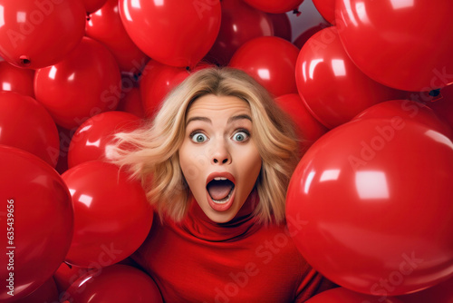 Portrait of wow shocked excited amazed woman with open mouth and round big eyes on red helium balloons background © Goffkein
