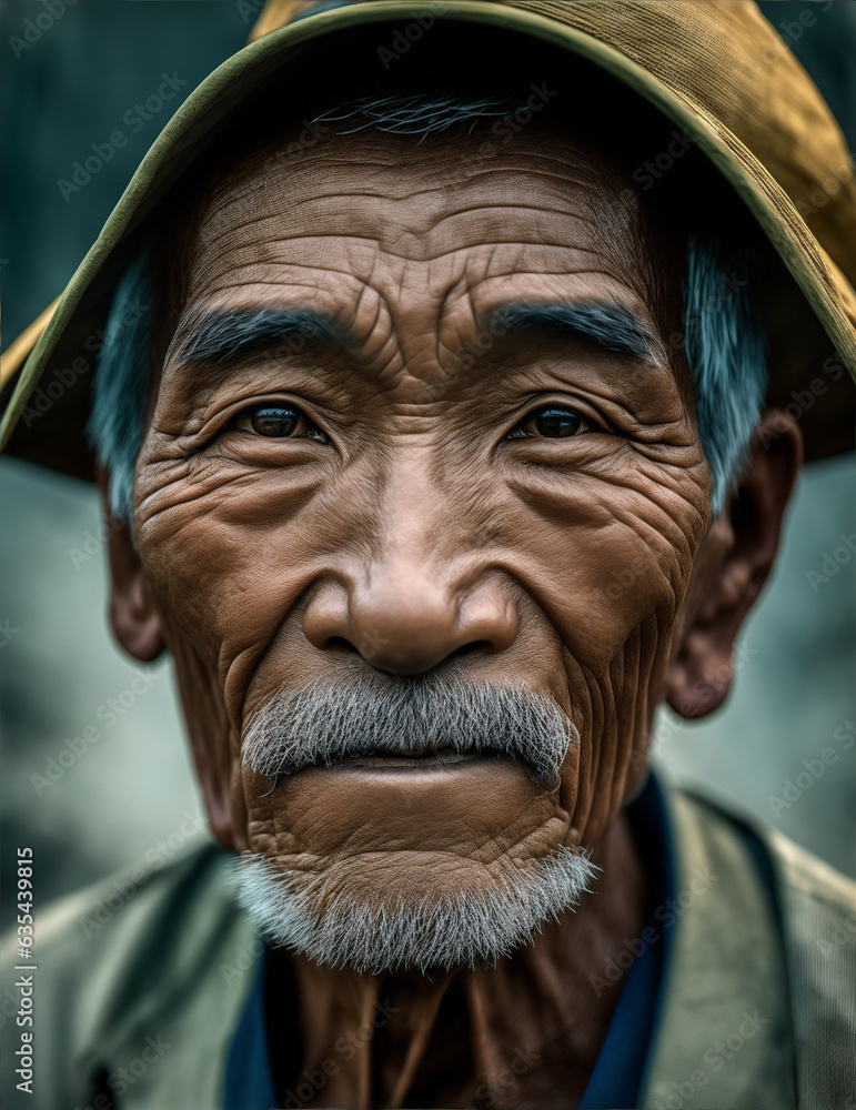 A close-up of a Vietnamese old man's face, illuminated by the light of a fire. Image created using artificial intelligence. A close-up of a Vietnamese old man's face, illuminated by the light of a fire. Image created using artificial intelligence.