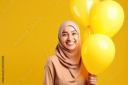 Portrait of happy satisfied smiling young muslim woman wearing hijab and holding helium balloons on a yellow background for celebration holiday day with copy space photo