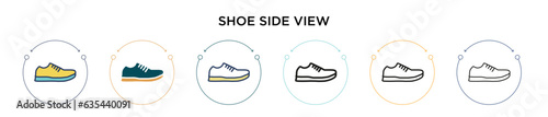 Shoe side view icon in filled, thin line, outline and stroke style. Vector illustration of two colored and black shoe side view vector icons designs can be used for mobile, ui, web
