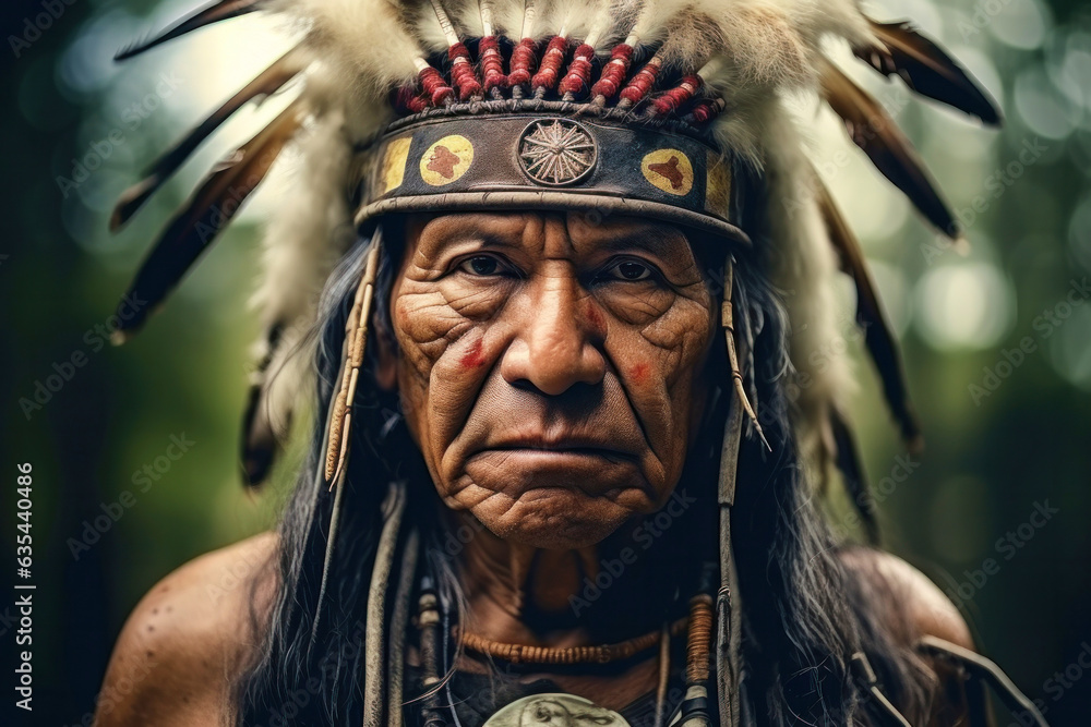 Portrait of elder serious wrinkled indigenous man from the Amazon with ritual paintings on face and wearing headdresses feathers looking at the camera