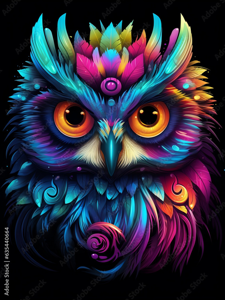 t-shirt design, colorful owl with big black eyes. AI Generated Images t-shirt design, colorful owl with big black eyes. AI Generated Images