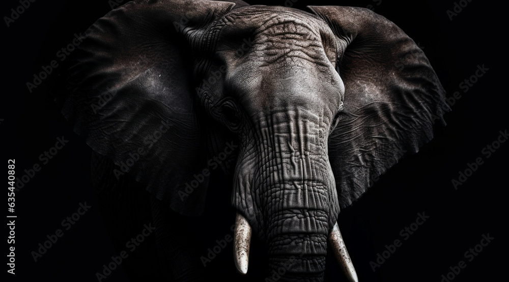 Elephant on a black background, created with Generative AI technology.