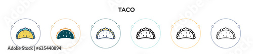 Taco icon in filled, thin line, outline and stroke style. Vector illustration of two colored and black taco vector icons designs can be used for mobile, ui, web