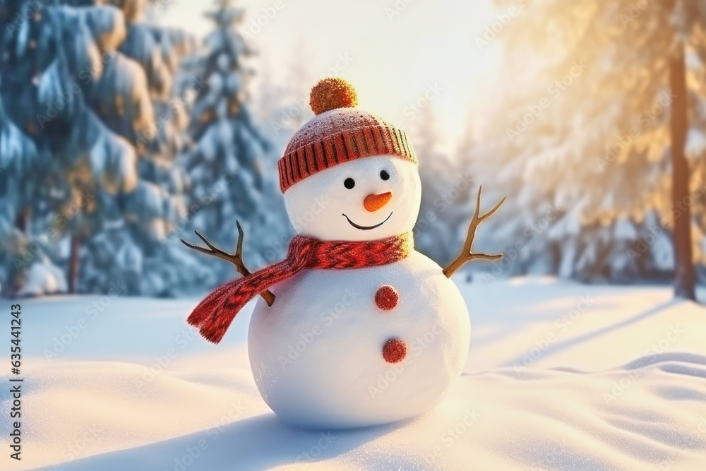 Merry christmas and happy new year greeting card with smiling joyful snowman on winter background Merry christmas and happy new year greeting card with smiling joyful snowman on winter background