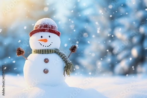 Merry christmas and happy new year greeting card with smiling joyful snowman on winter background with copy space