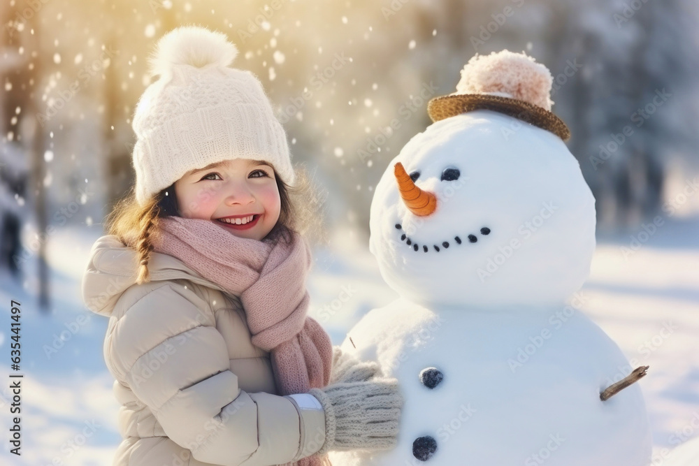 Portrait of happy smiling carefree joyful child playing with snowman in winter time Portrait of happy smiling carefree joyful child playing with snowman in winter time
