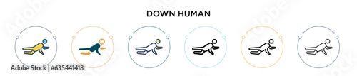 Down human icon in filled, thin line, outline and stroke style. Vector illustration of two colored and black down human vector icons designs can be used for mobile, ui, web
