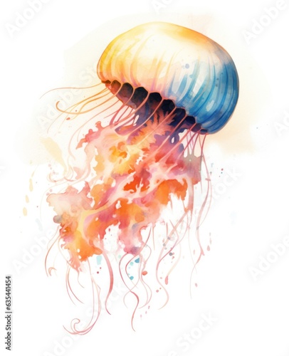 Beautiful jelly fish watercolor illustration isolated on white