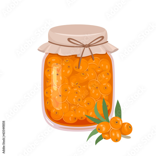 Sea buckthorn jam in glass jar and fresh berry. Vector cartoon flat illustration. Homemade sweet food icon.