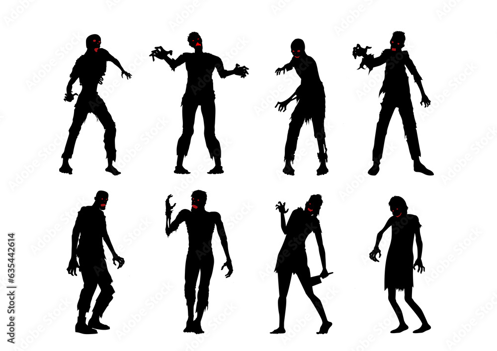 Vector zombie collection in silhouette style. Many action. Illustration about the bloody monsters crowd form virus outbreak. Halloween element.