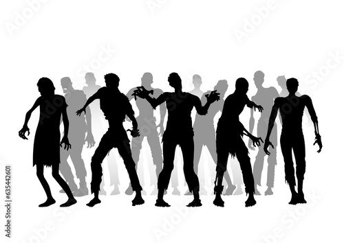 Silhouette zombie big group standing on white background. Illustration about the bloody monsters crowd form virus outbreak. 
