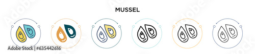 Mussel icon in filled, thin line, outline and stroke style. Vector illustration of two colored and black mussel vector icons designs can be used for mobile, ui, web