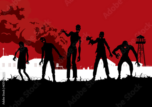 Zombies soldier group standing front of barracks with fume. Monsters escaped from soldier camp while smoke all around from burned.

