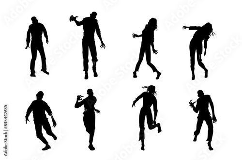Silhouette zombie in many postures as standing  walking  run  hunting  reaching hand. illustration about the undead people from virus outbreak.