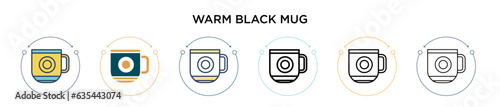 Warm black mug icon in filled, thin line, outline and stroke style. Vector illustration of two colored and black warm black mug vector icons designs can be used for mobile, ui, web