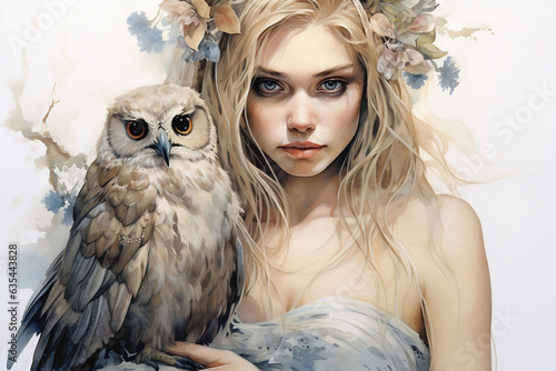 Connection to Inner wisdom. Beautiful woman holding an owl. Metaphoric art