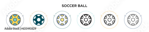 Soccer ball icon in filled, thin line, outline and stroke style. Vector illustration of two colored and black soccer ball vector icons designs can be used for mobile, ui, web
