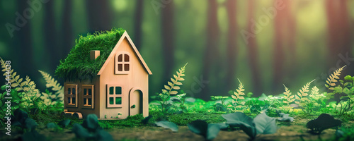 Toy wooden house in the forest. Ecological houses concept. Copy space