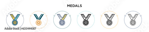 Medals icon in filled, thin line, outline and stroke style. Vector illustration of two colored and black medals vector icons designs can be used for mobile, ui, web