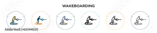 Wakeboarding icon in filled, thin line, outline and stroke style. Vector illustration of two colored and black wakeboarding vector icons designs can be used for mobile, ui, web