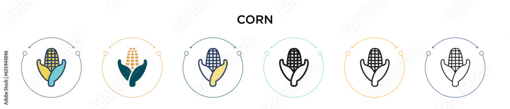 Corn icon in filled, thin line, outline and stroke style. Vector illustration of two colored and black corn vector icons designs can be used for mobile, ui, web