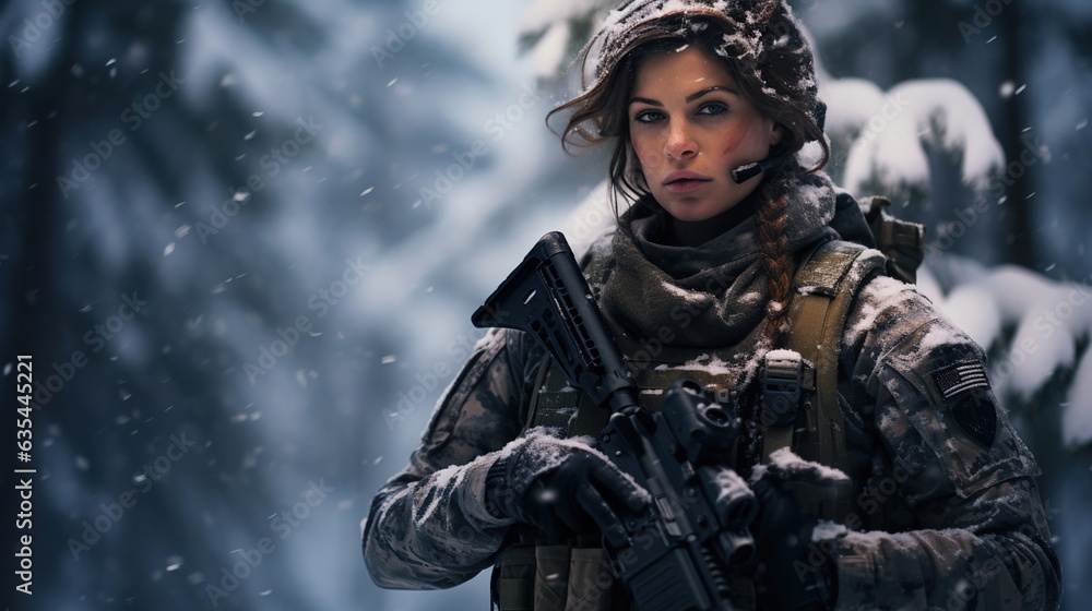 Fototapeta premium Determined female soldier with long tail walking on snowy field in winter camouflage uniform