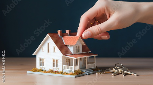 A woman's hands hold a model of a small house, in the style of an infomercial photo