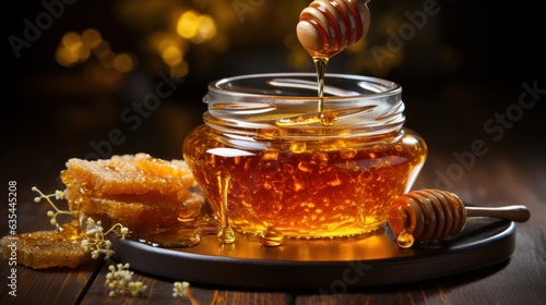 Honey in jar with honey dipper on rustic wooden table background.