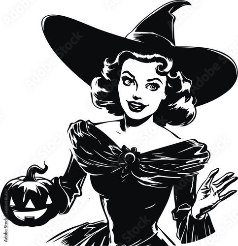 Halloween woman in a witch hat hold pumpkin, Vintage Girl head, Halloween Vector illustration, SVG
