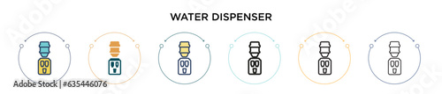 Water dispenser icon in filled, thin line, outline and stroke style. Vector illustration of two colored and black water dispenser vector icons designs can be used for mobile, ui, web