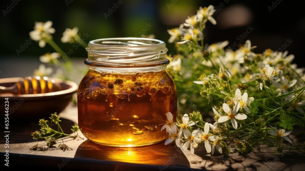 Honey in jar with honey dipper on rustic wooden table background. Honey in jar with honey dipper on rustic wooden table background.