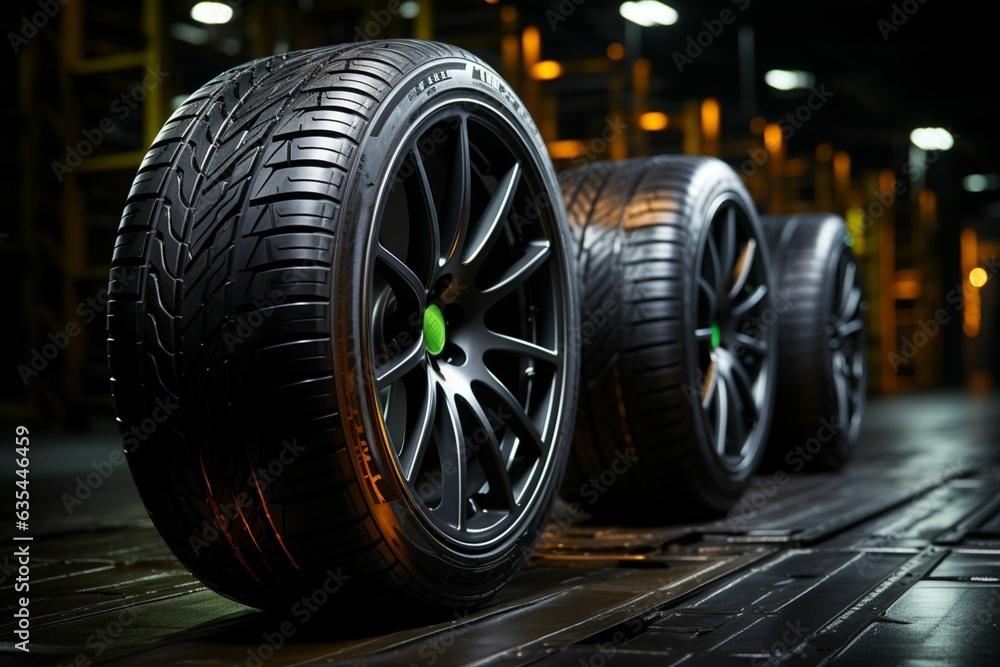 Studio captured fuel efficient tires for summer, dynamic lighting, on dark background Generative AI