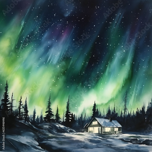 Northern Lights Watercolor Art - Vibrant colors under the starry skyes at night photo